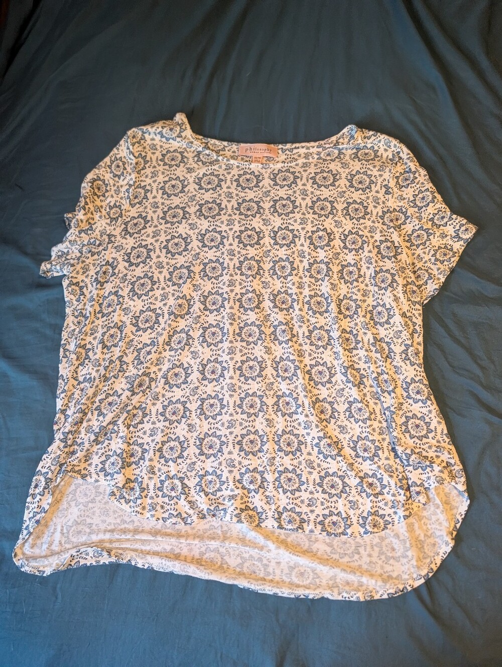 Philosophy White Top with Blue Floral Medallion Print